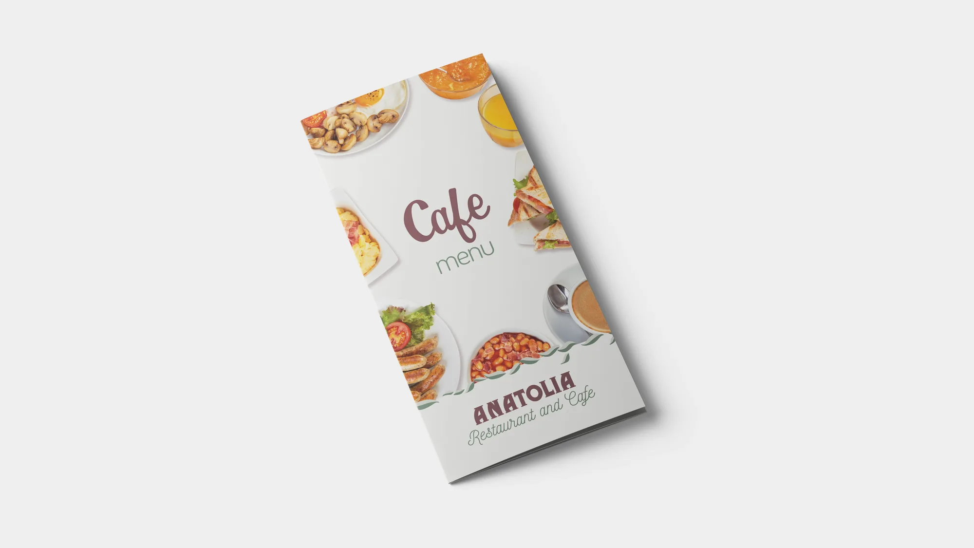 Anatolia café menu cover with food photography, folded