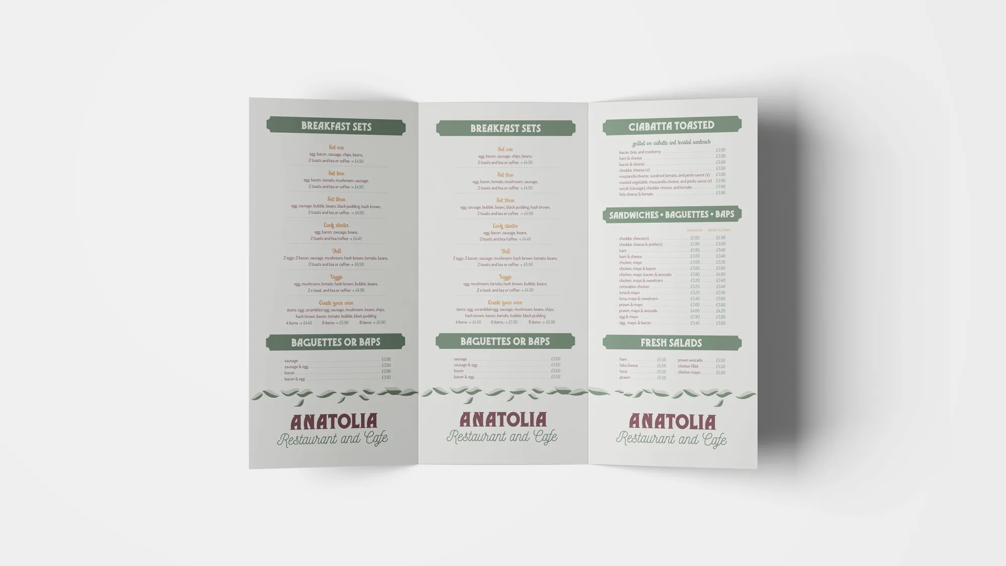 Anatolia tri-fold menu opened flat, showing dish listings