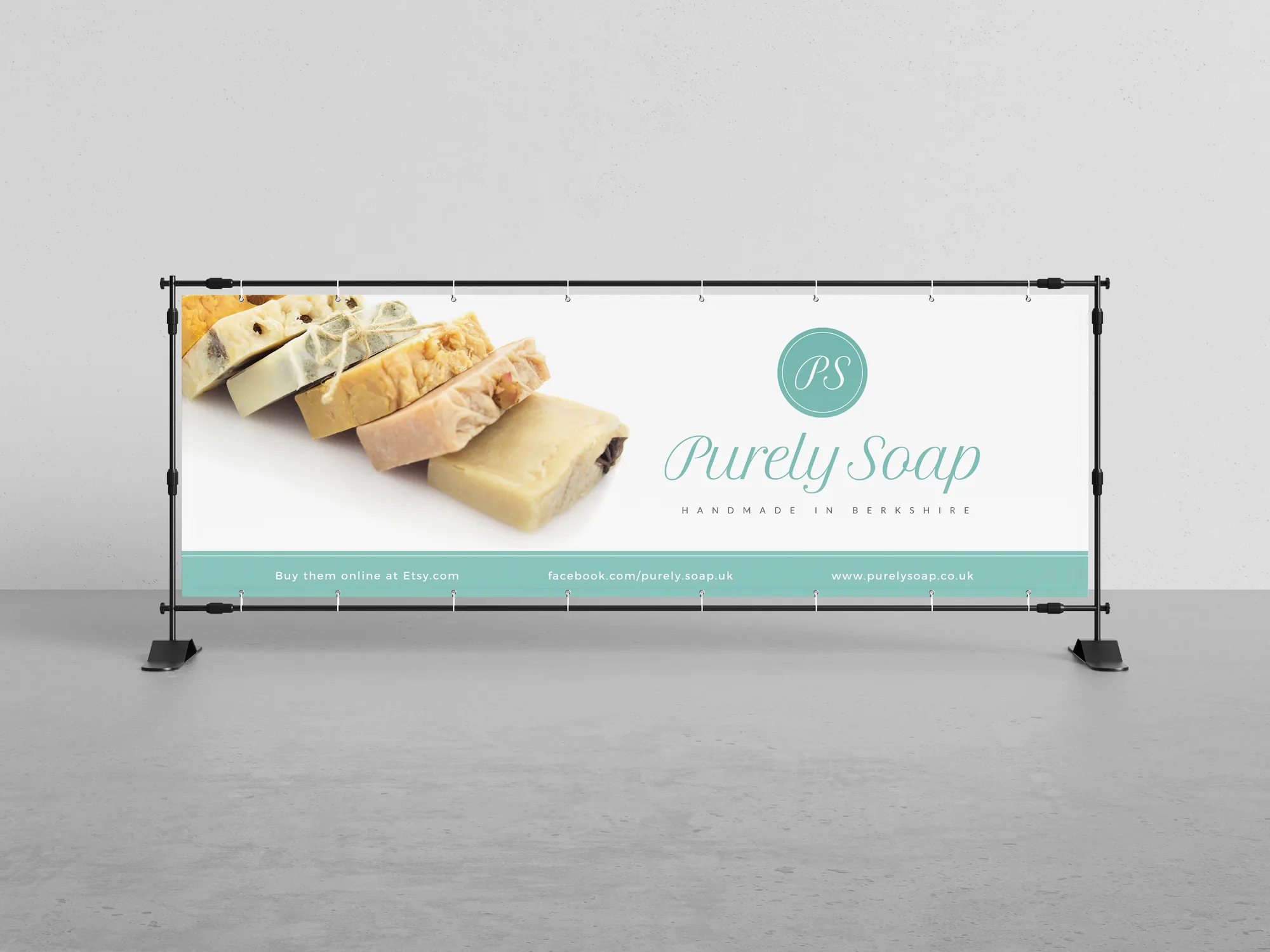 Purely Soap outdoor banner on a frame stand