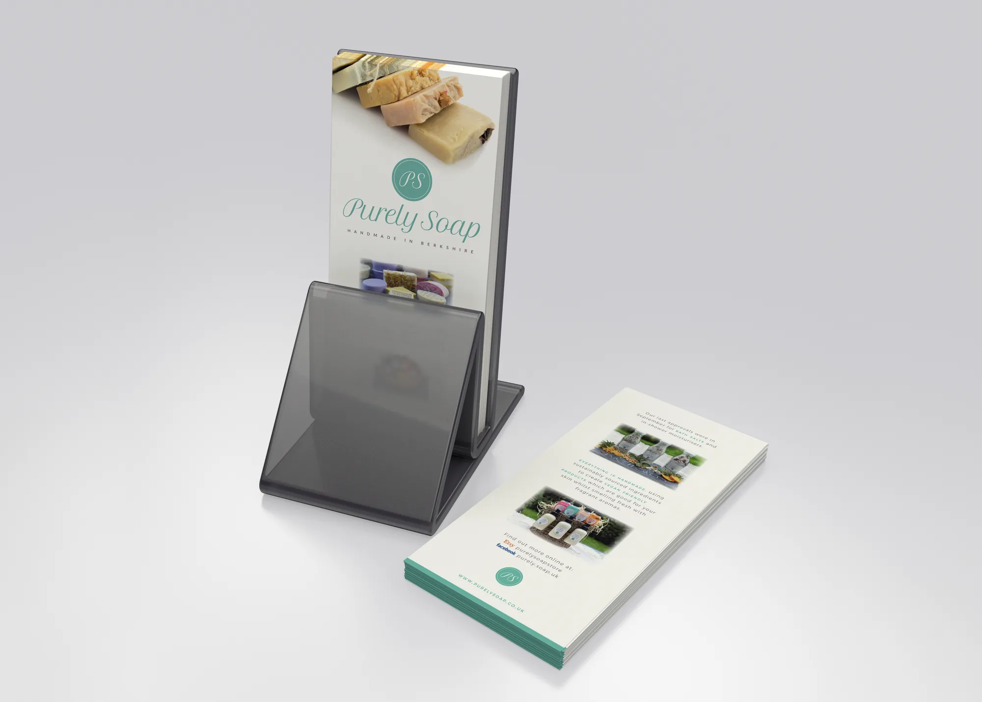 Purely Soap leaflet in a display stand