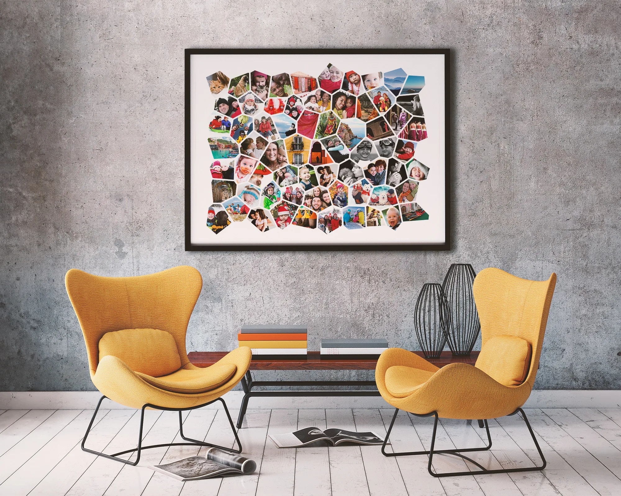 Framed mosaic photo collage above two yellow chairs