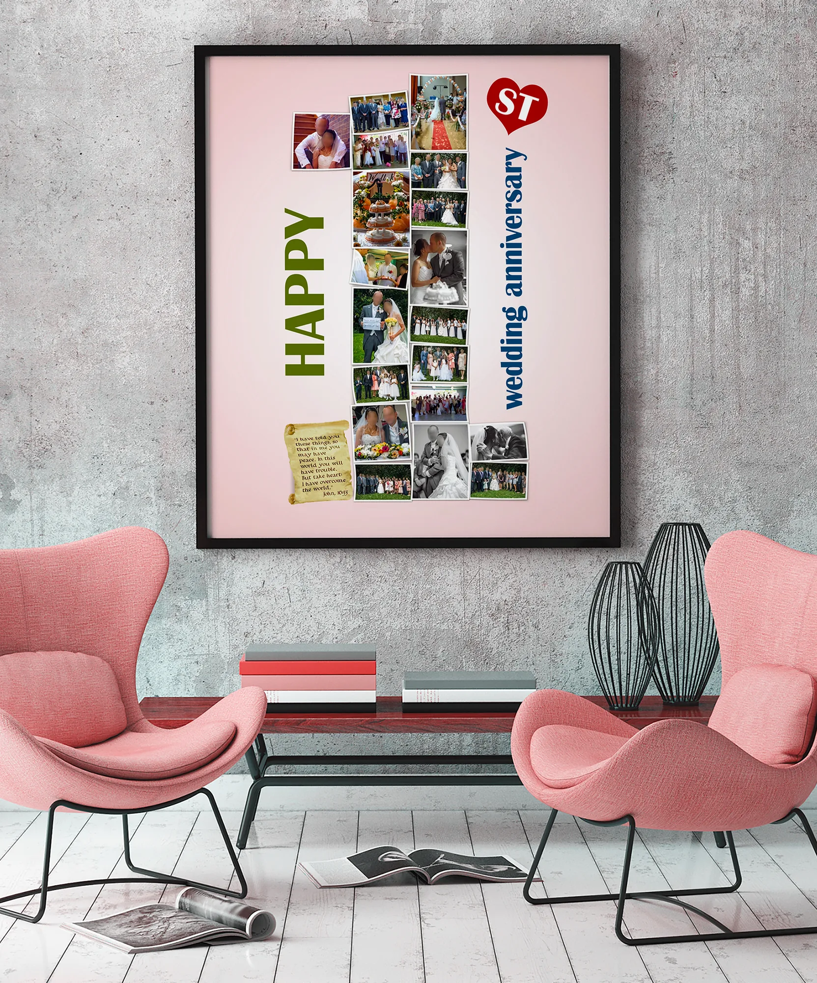 Framed Happy 1st wedding anniversary collage, wedding photos arranged as a large number 1, above two pink chairs