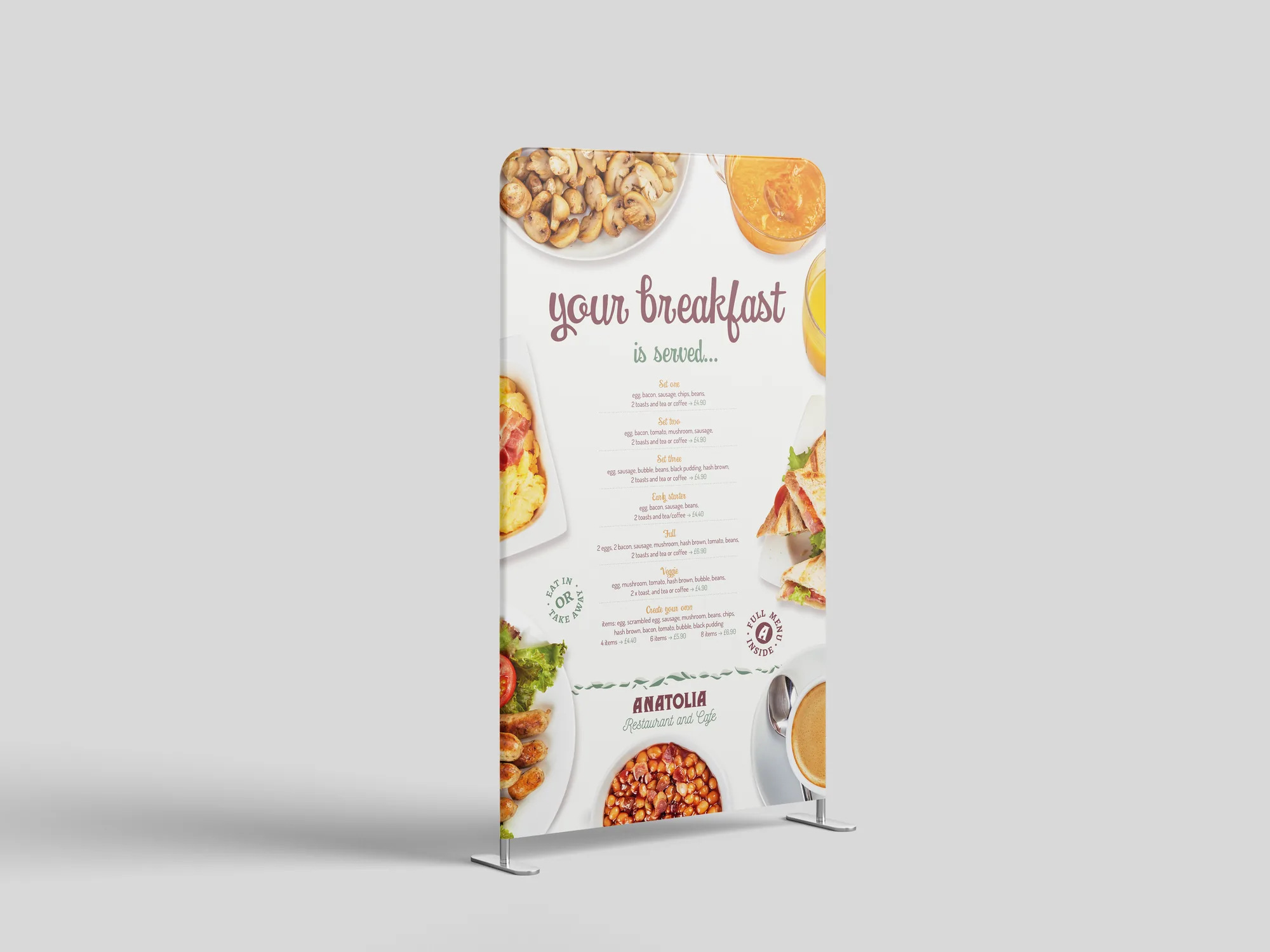 Anatolia sign, breakfast side: 'your breakfast is served' with set menus, framed by food photography
