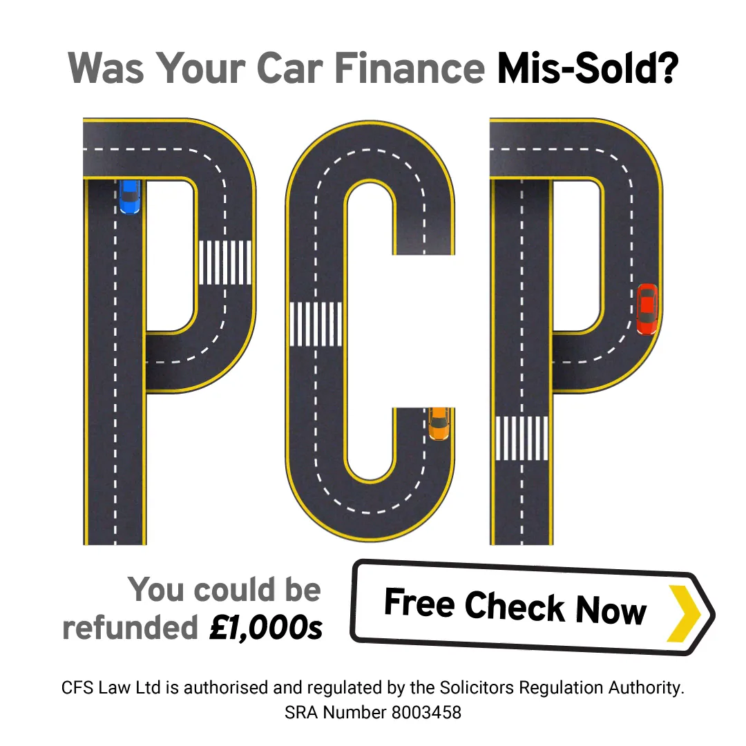 Social ad headed 'Was Your Car Finance Mis-Sold?', with the letters PCP drawn as roads with small cars, and a 'Free Check Now' sign.
