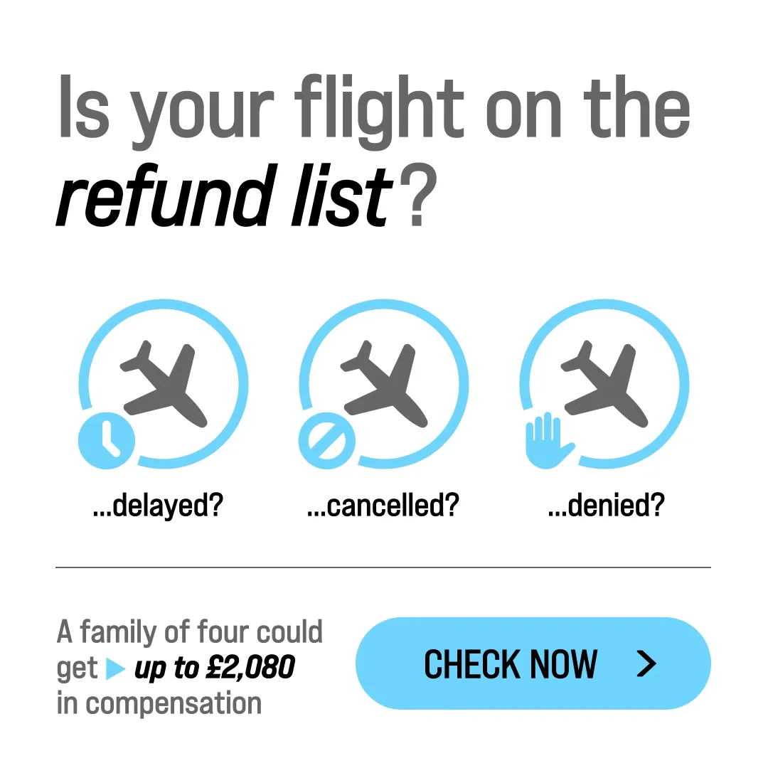 Social ad asking 'Is your flight on the refund list?', with three aeroplane icons for delayed, cancelled and denied flights and a blue 'Check Now' button.