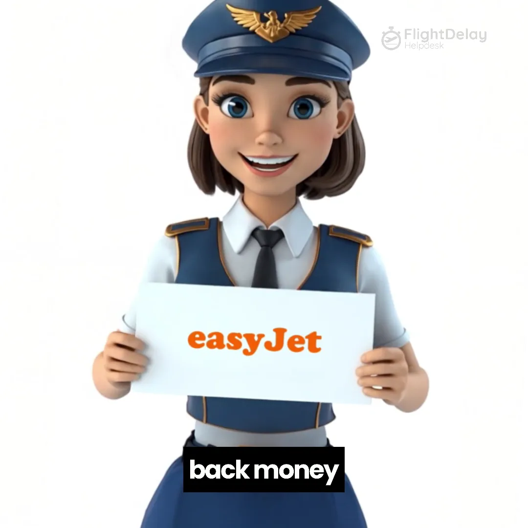 3D cartoon pilot in a navy uniform and cap holding a card with the easyJet logo, with the caption 'back money'.