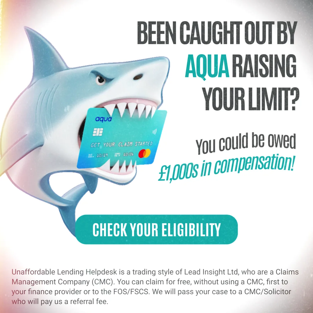 Illustrated shark biting a teal credit card, with the headline 'Been caught out by Aqua raising your limit?', the line 'You could be owed £1,000s in compensation!' and a 'Check your eligibility' button.