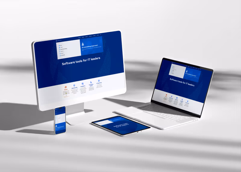 Osirium website shown on a desktop monitor, laptop, tablet and phone, with a blue 'Software tools for IT leaders' home page.