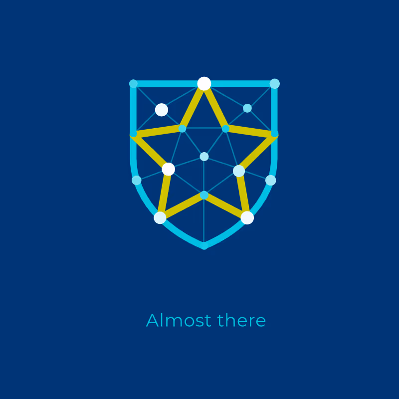 Loading screen: a glowing star inside a shield outline on dark blue, with the caption 'Almost there'.