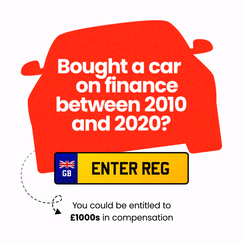 Social media ad with a red car silhouette, headline 'Bought a car on finance between 2010 and 2020?', a yellow number-plate field and the line 'You could be entitled to £1000s in compensation'