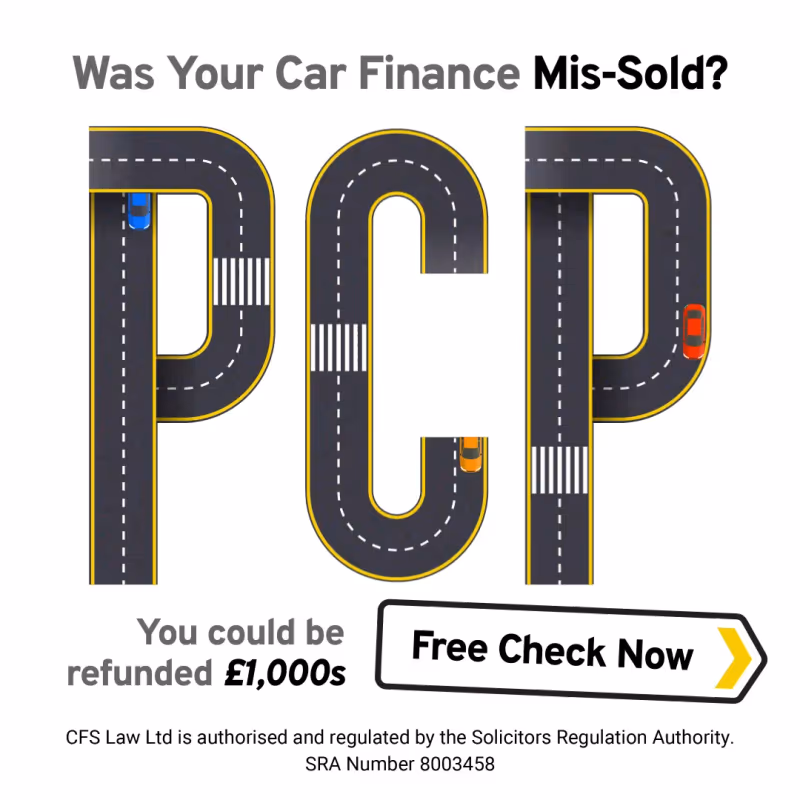 Social ad headed 'Was Your Car Finance Mis-Sold?', with the letters PCP drawn as roads with small cars, and a 'Free Check Now' sign.