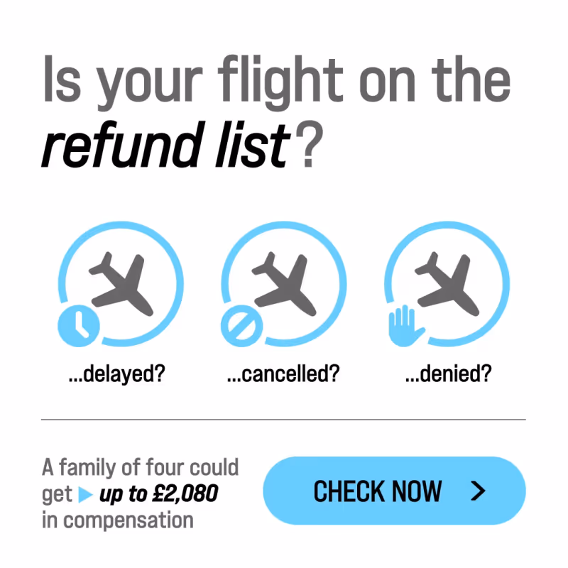 Social ad asking 'Is your flight on the refund list?', with three aeroplane icons for delayed, cancelled and denied flights and a blue 'Check Now' button.