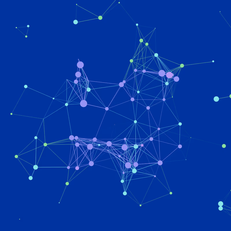 Interactive particle effect: a network of purple dots joined by fine lines on a deep blue background