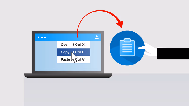 Laptop showing a Cut, Copy, Paste menu, with an arrow carrying the copied data to a clipboard icon