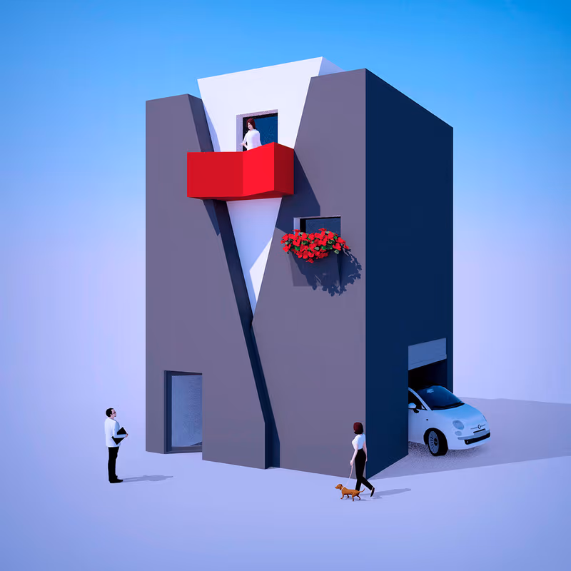 Illustrated modern building with a red balcony, people walking a dog and a small car parked in the garage.