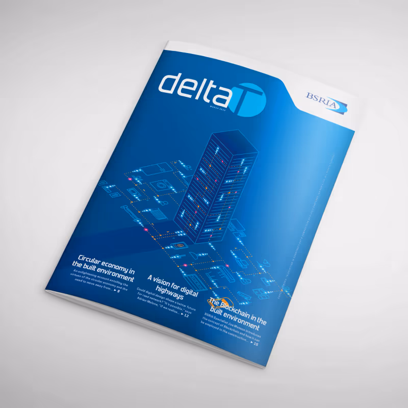 Cover of Delta T magazine with a glowing blue data tower on a dark blue background.
