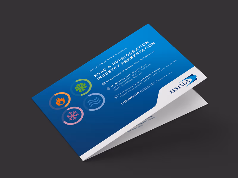 Cover of a BSRIA HVAC event invitation in blue, with circular icons