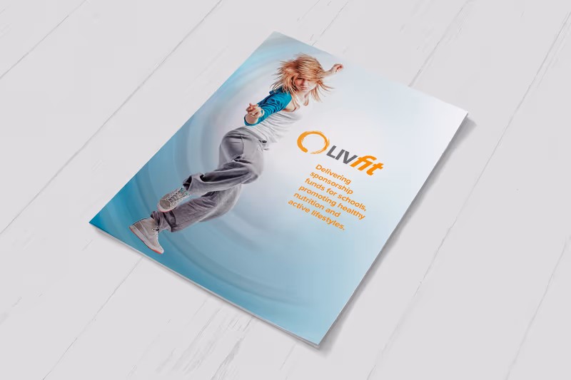 Cover of the LivFit sponsorship brochure, which raises funds for sport and healthy eating in schools: a young dancer leaping against a teal background