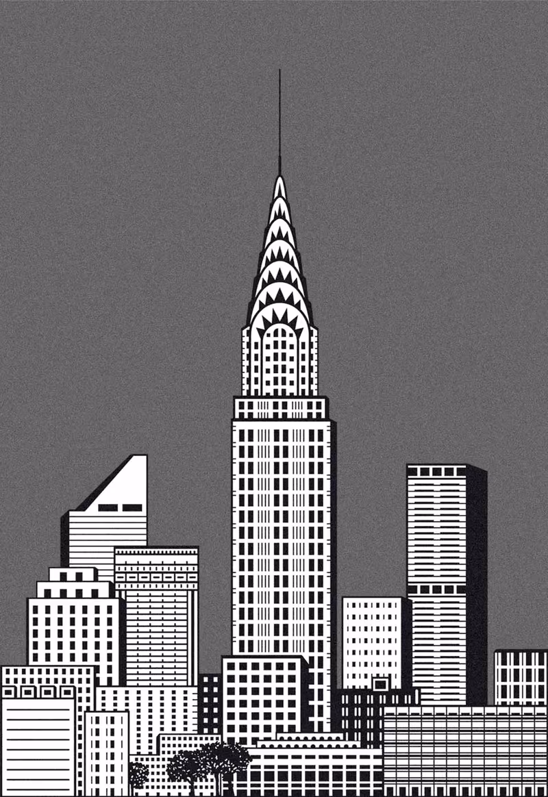 Black and white vector reconstruction of the Chrysler Building and the surrounding New York skyline