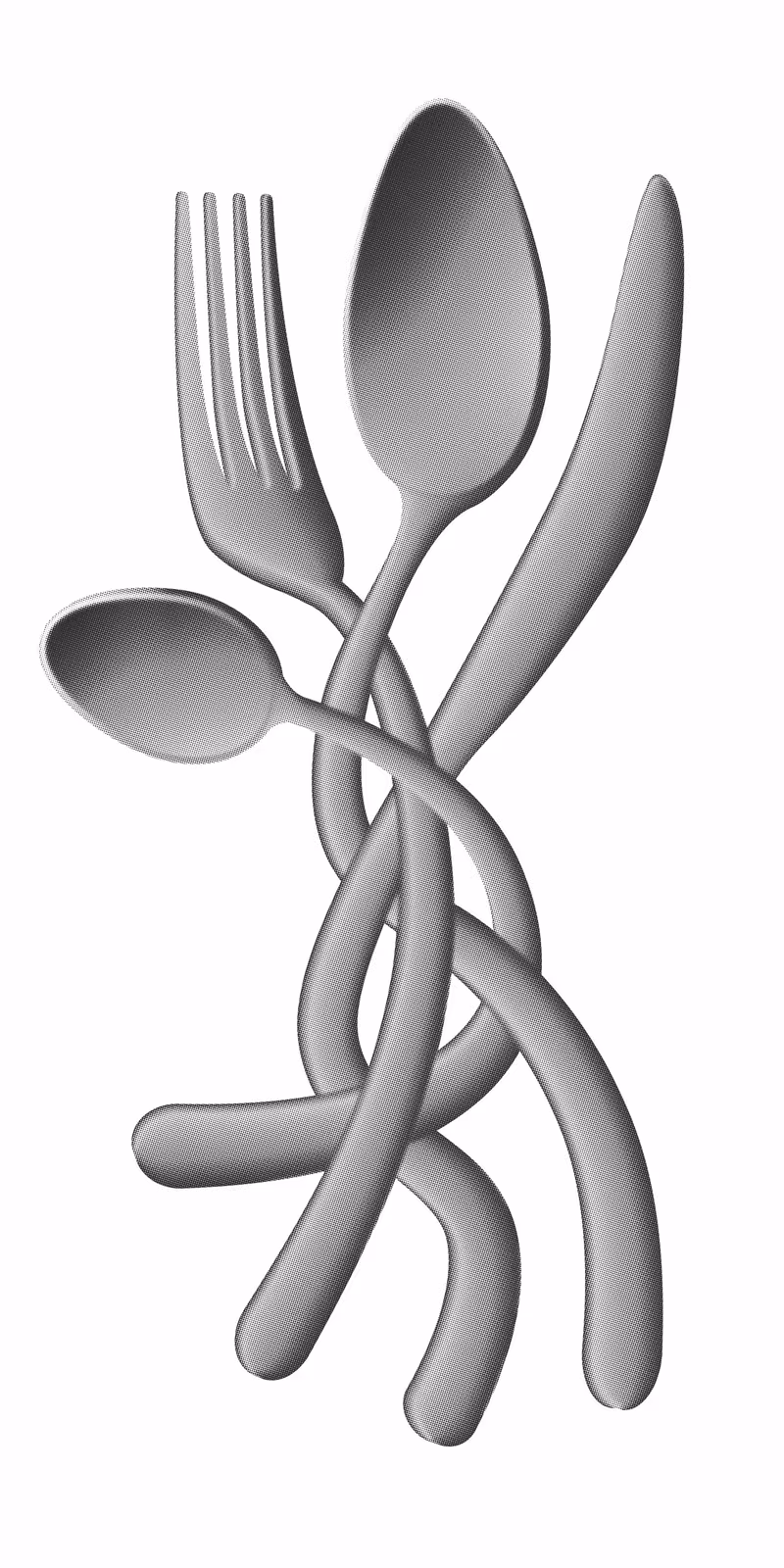 Vector artwork of a fork, spoons and a knife with intertwined, twisting handles, rendered in silver-grey halftone.