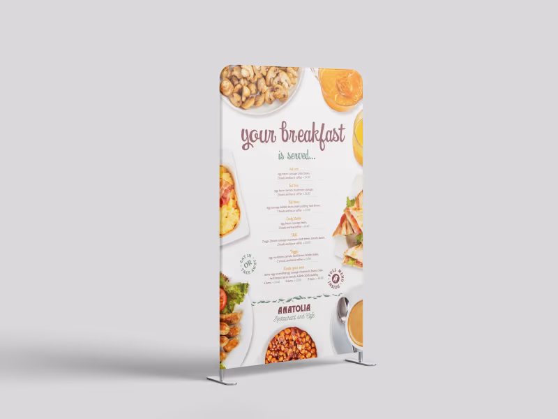 Anatolia sign, breakfast side: 'your breakfast is served' with set menus, framed by food photography