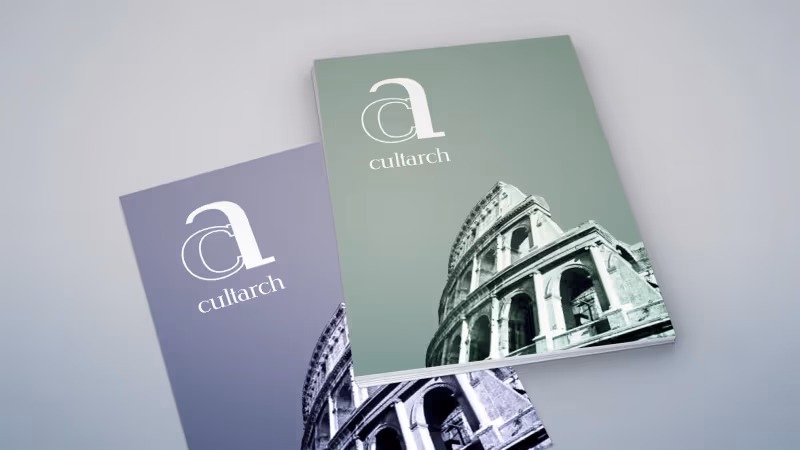 Two CultArch magazine covers with the 'ca' monogram over a photo of the Colosseum, in lilac and sage green