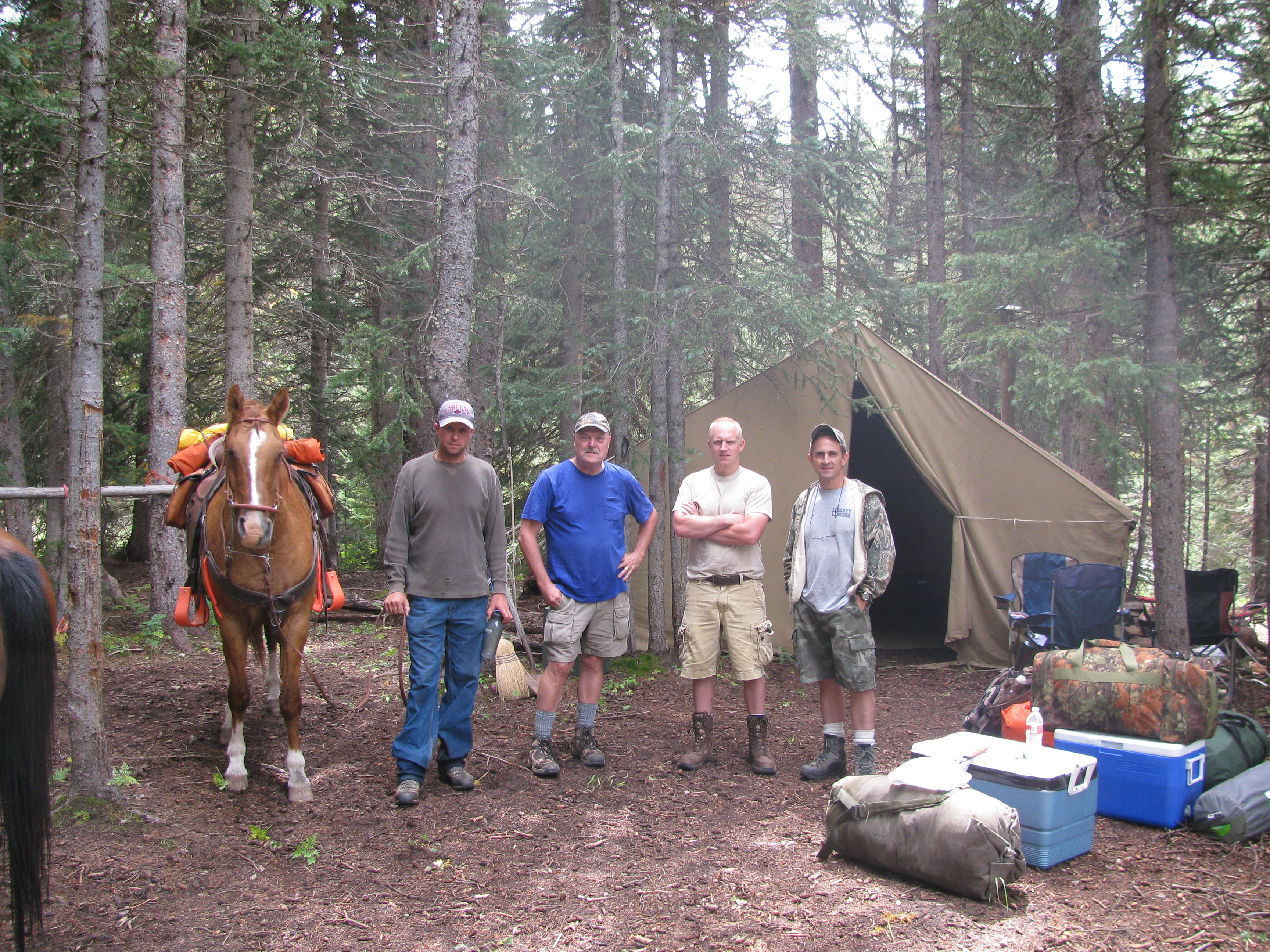 Four men standing in front of a campsite tent and a packhorse in a forest clearing.
