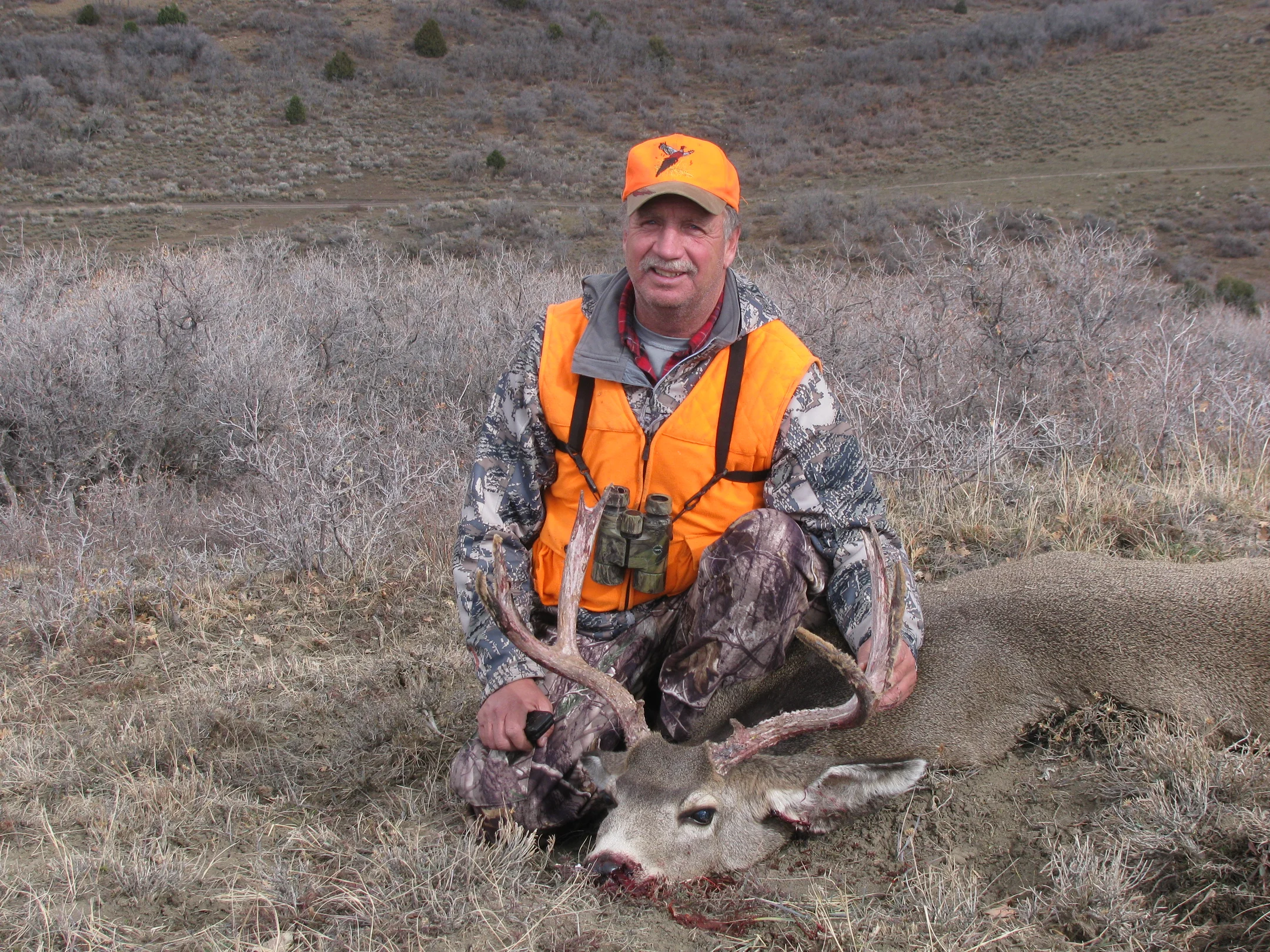 Hunter in orange vest poses kneeling next to mule deer buck with large antlers in dry grassy area.