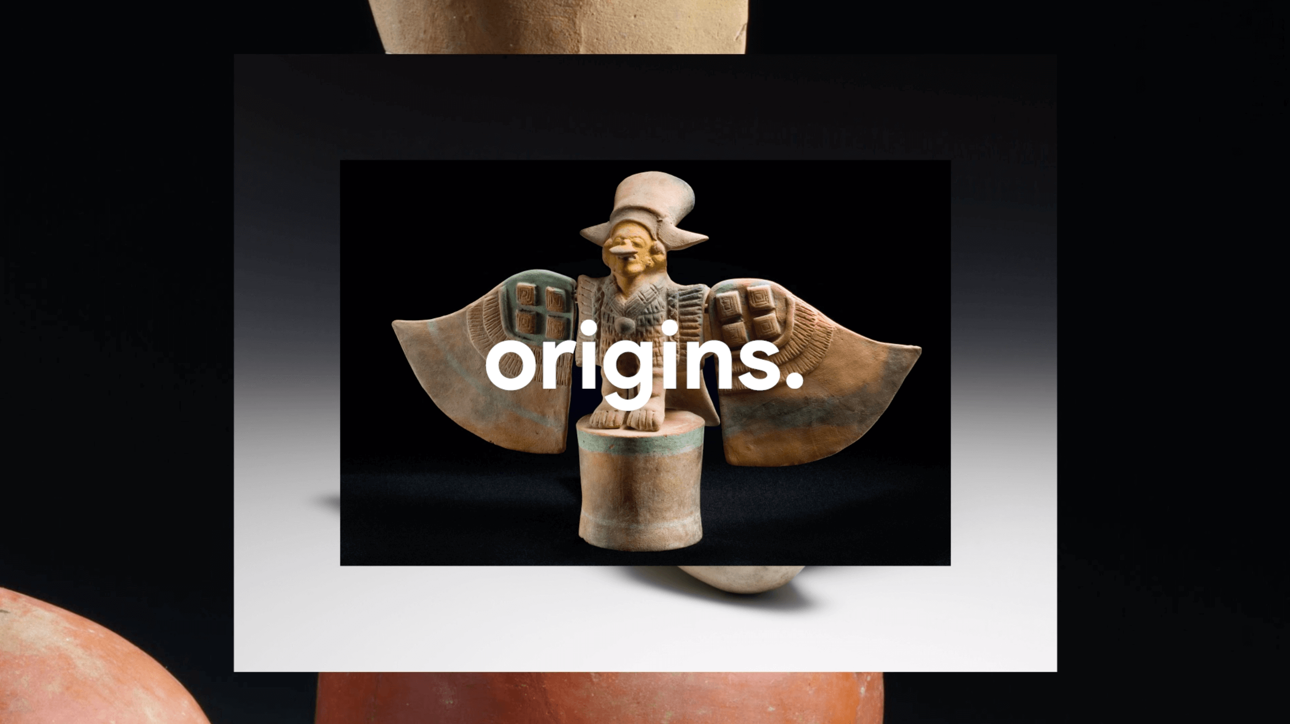 Terracotta bird-shaped sculpture with outstretched wings and a human-like face, against a black background with the word 'origins.' overlayed.