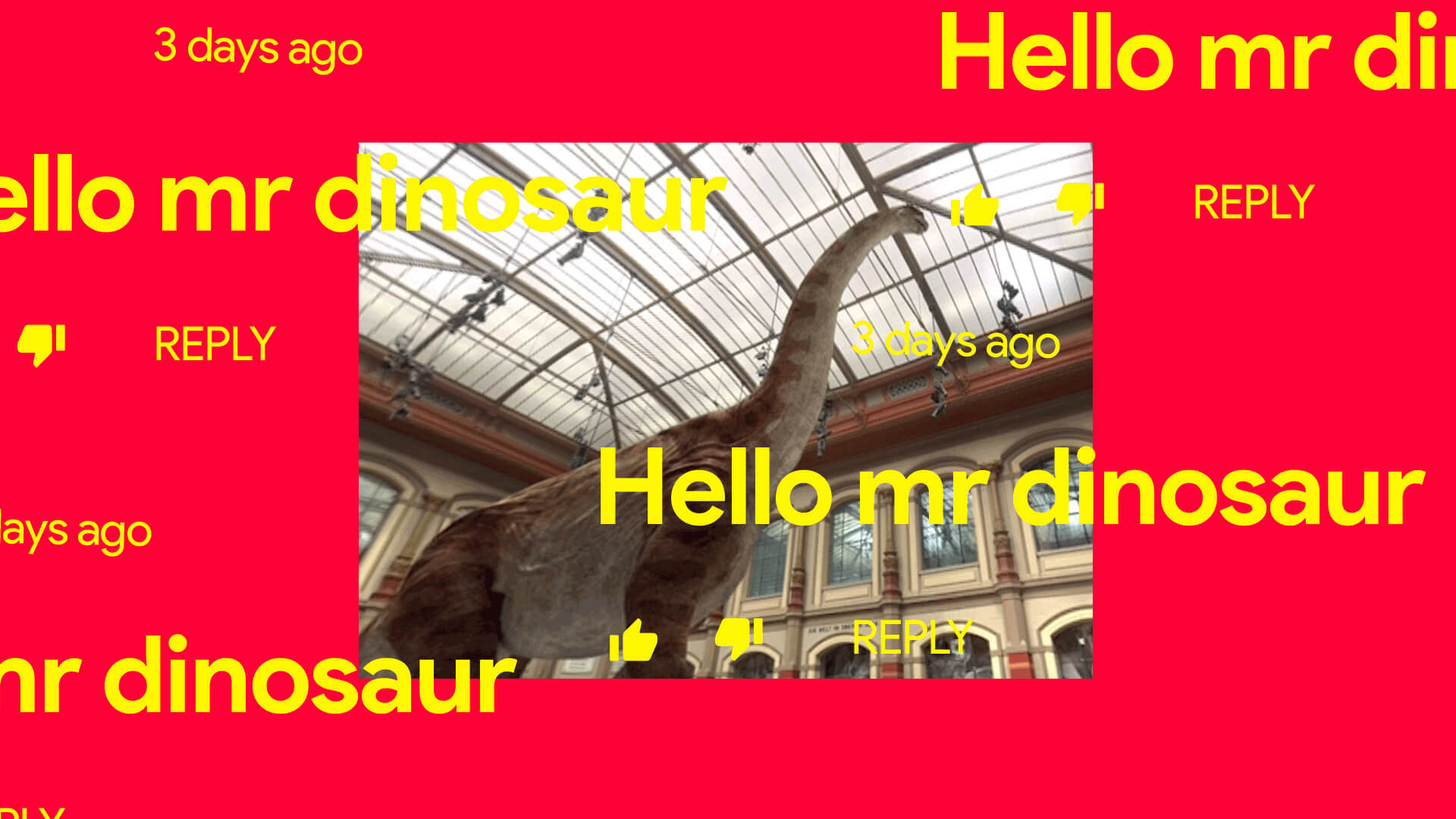 Large dinosaur sculpture inside a glass-roofed museum hall with tall windows and classic architectural details.