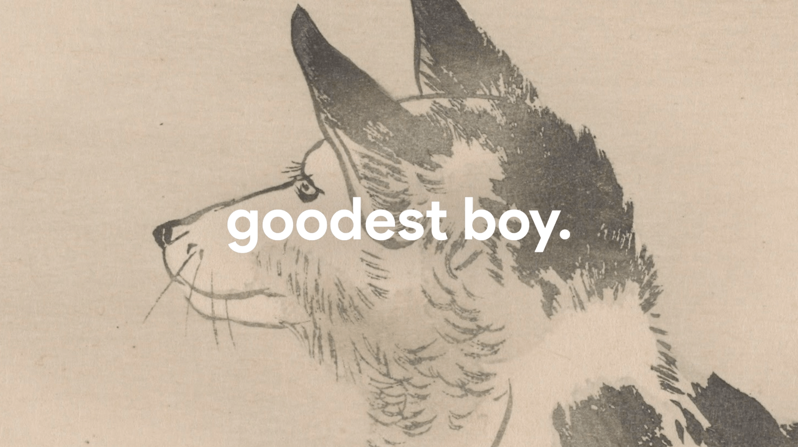 Sketch of a dog's head in profile with text 'goodest boy.' overlayed.