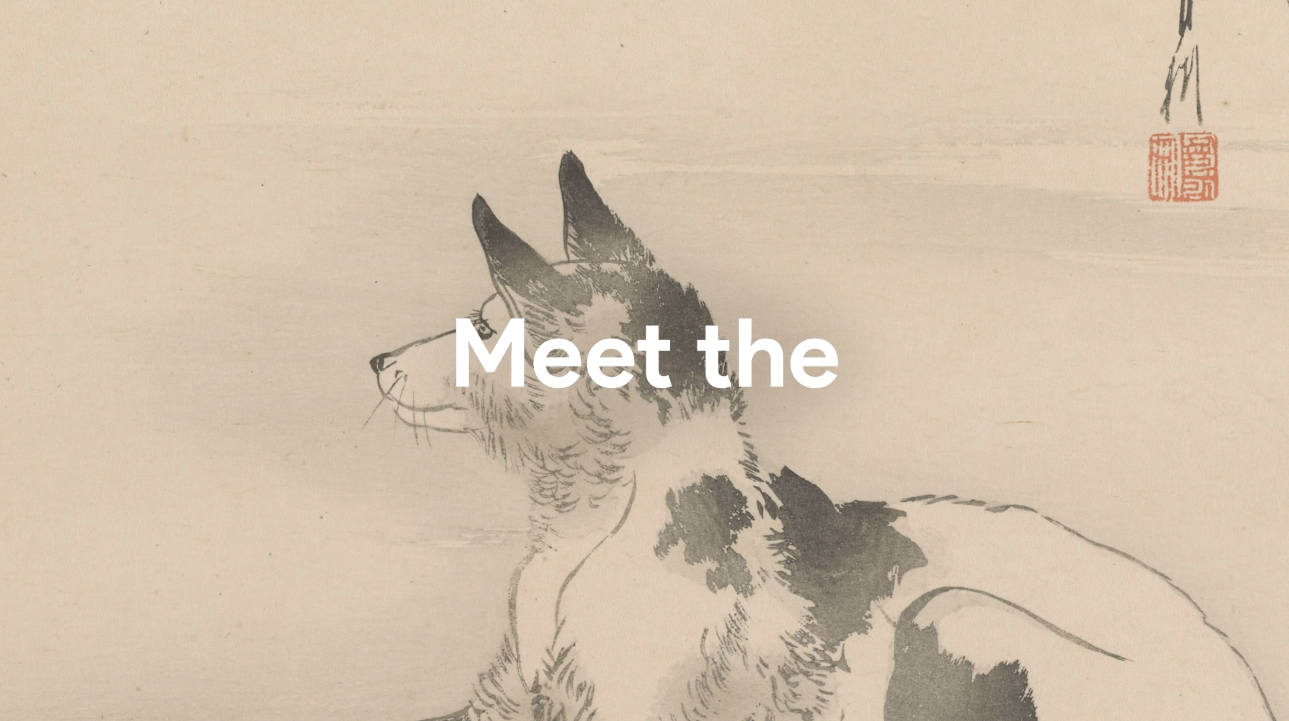 Ink painting of a seated dog with upright ears looking to the left on beige textured paper, with the text 'Meet the' overlaid.