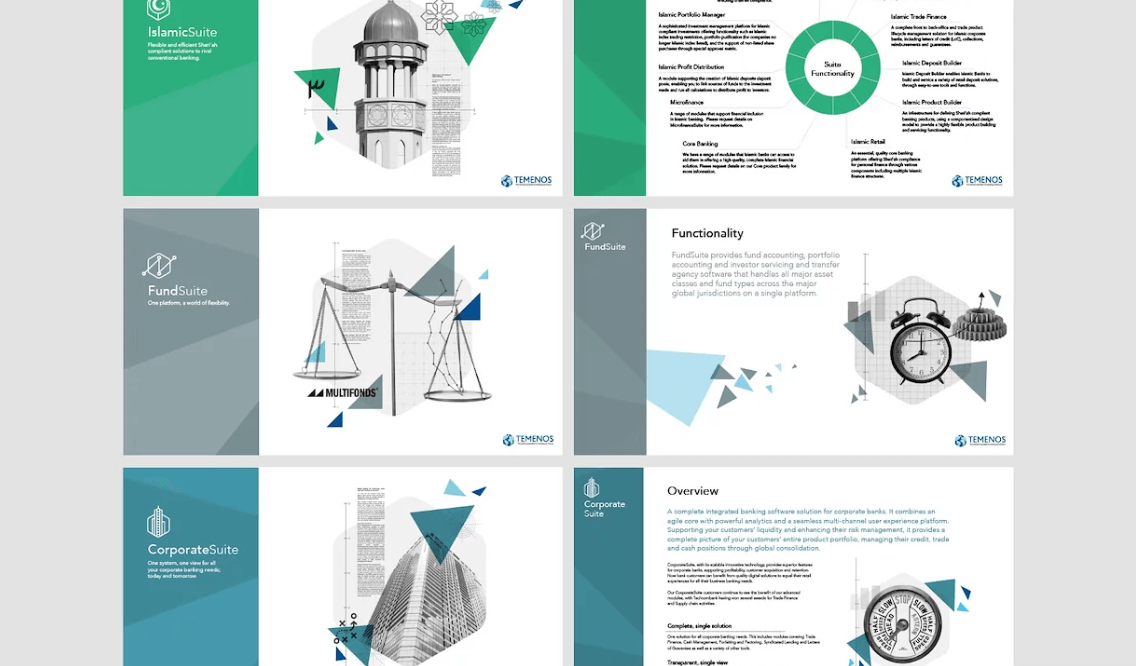 Six-panel promotional slides for Temenos banking software suites: Islamic Suite with a clock tower, FundSuite with scales and alarm clock, and Corporate Suite with a skyscraper and compass.