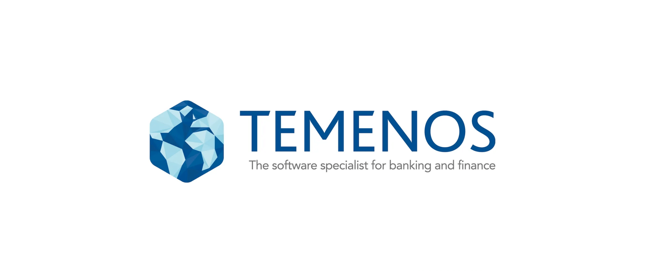 Temenos logo with a geometric blue hexagon globe icon and text 'TEMENOS The software specialist for banking and finance.'