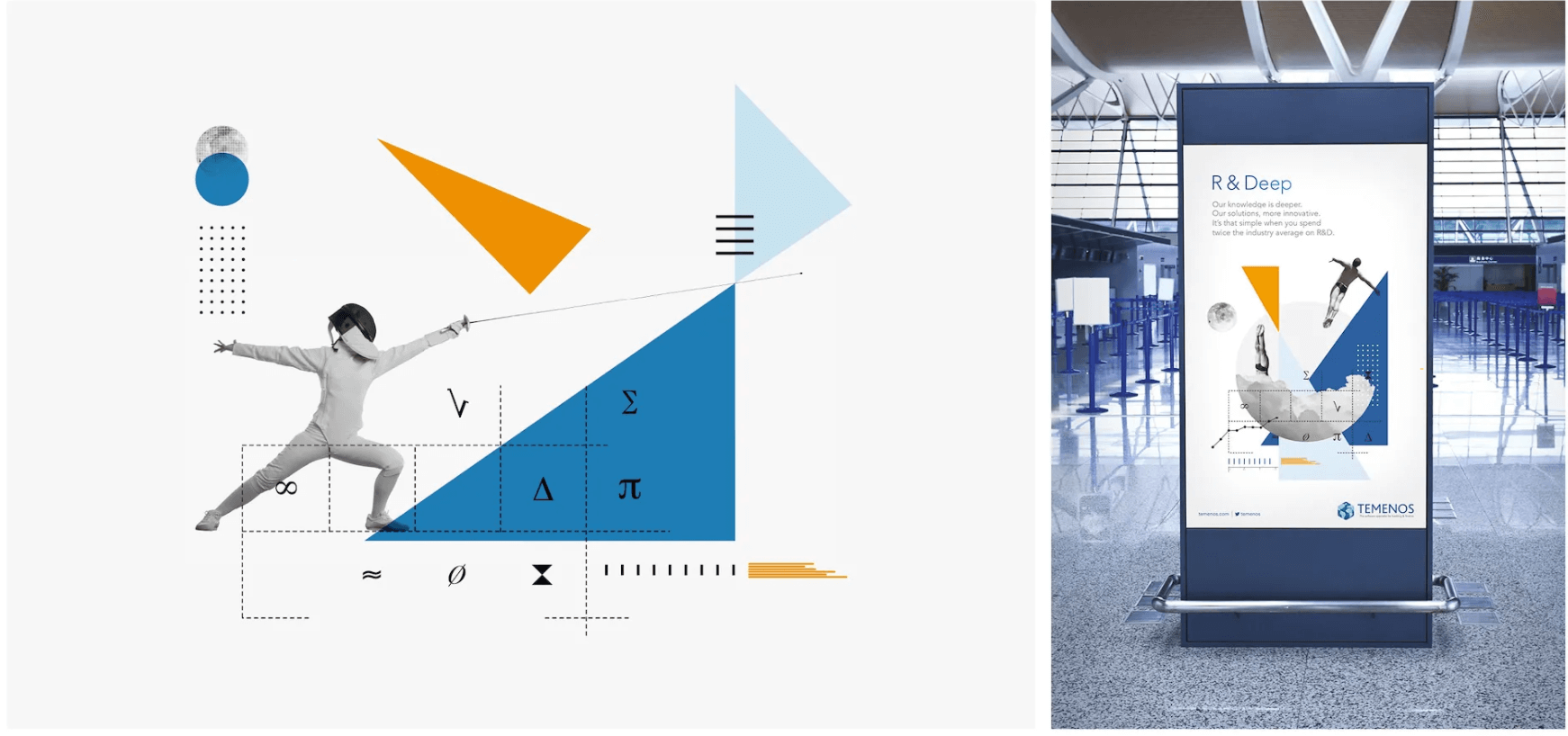 Airport digital kiosk displaying an advertisement featuring a fencer with geometric shapes and mathematical symbols emphasizing R&D innovation by Temenos.