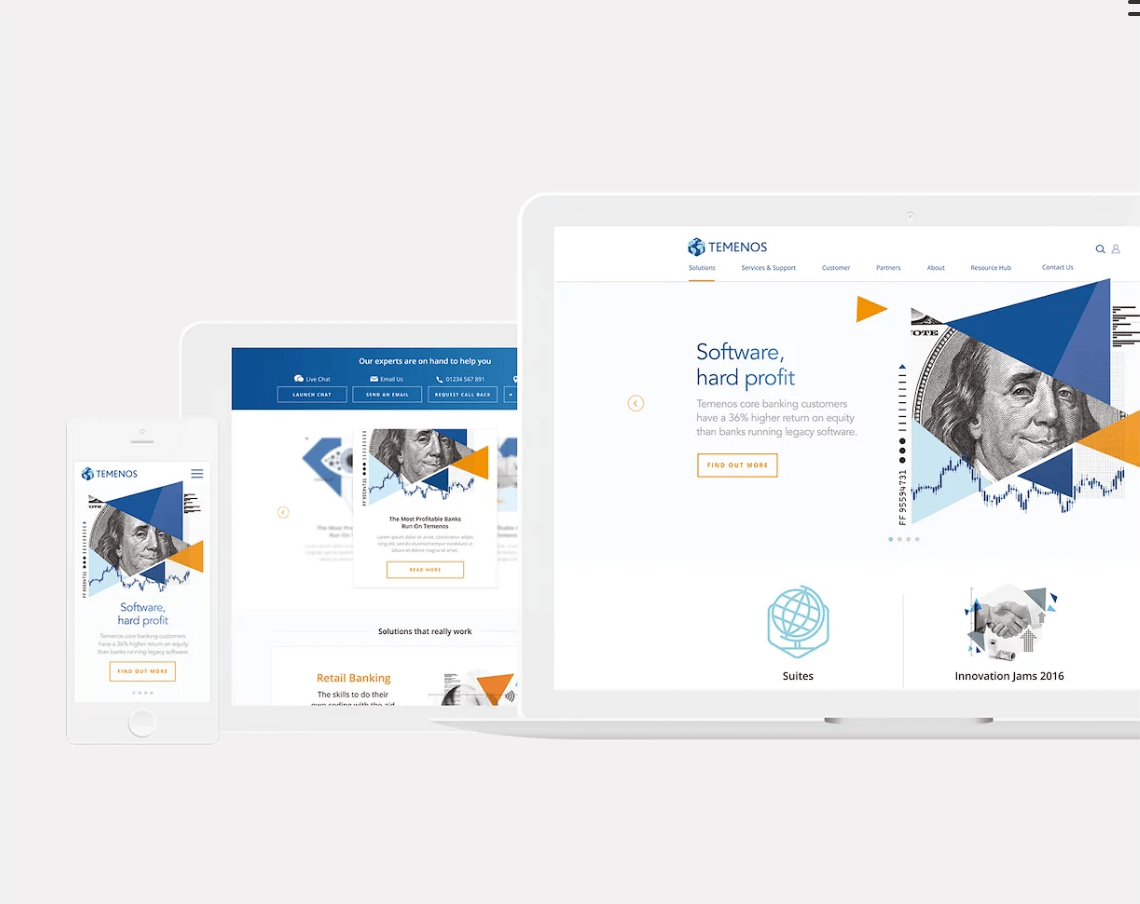 Mobile phone, tablet, and laptop displaying Temenos banking software interfaces with promotional text and graphics.