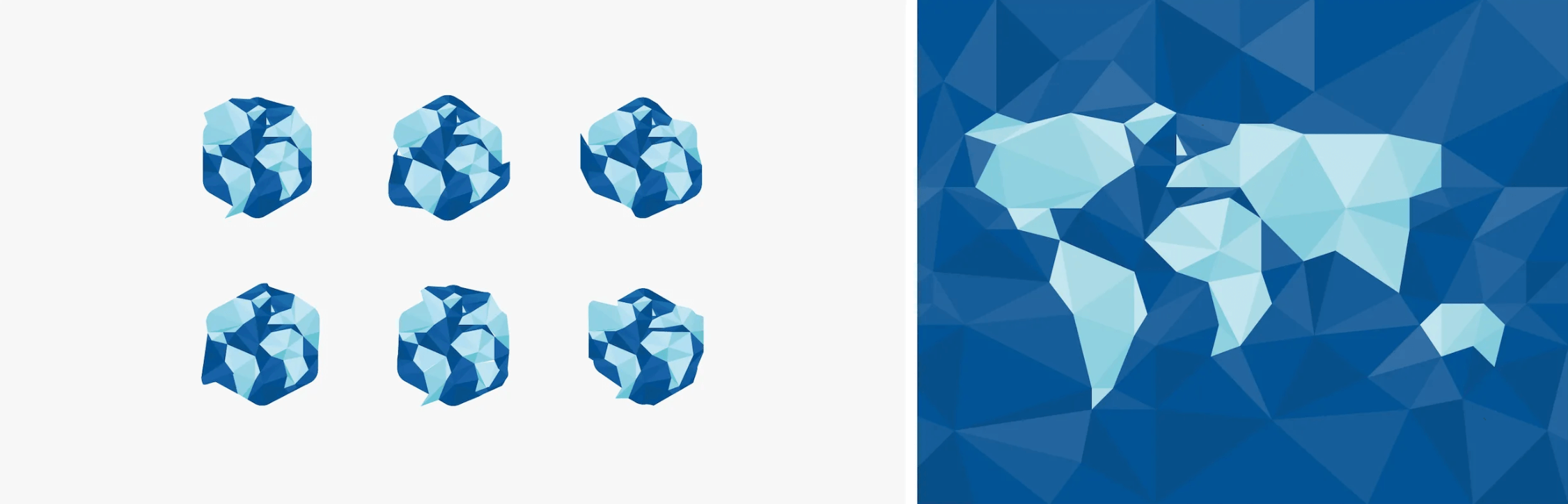 Polygonal globe icons on the left and polygonal world map on the right with blue geometric shapes.