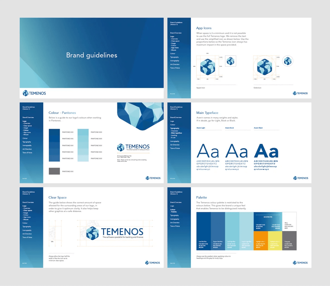 Six-page digital brand guidelines for Temenos showing logo usage, color palettes, typography, clear space, and app icon proportions.