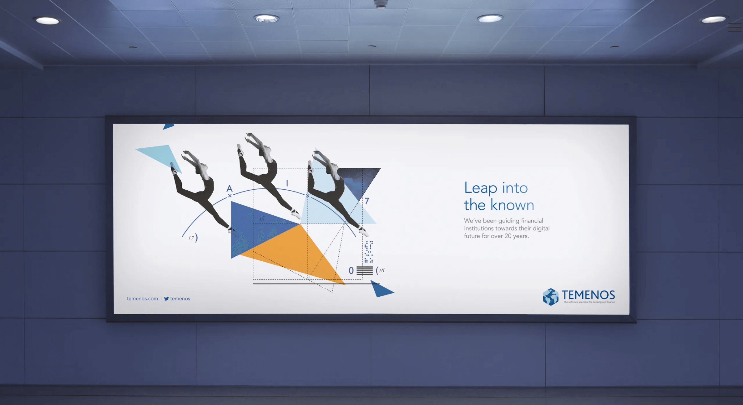 Billboard showing three black-and-white images of a ballet dancer leaping over geometric shapes, with text reading 'Leap into the known' and Temenos logo.