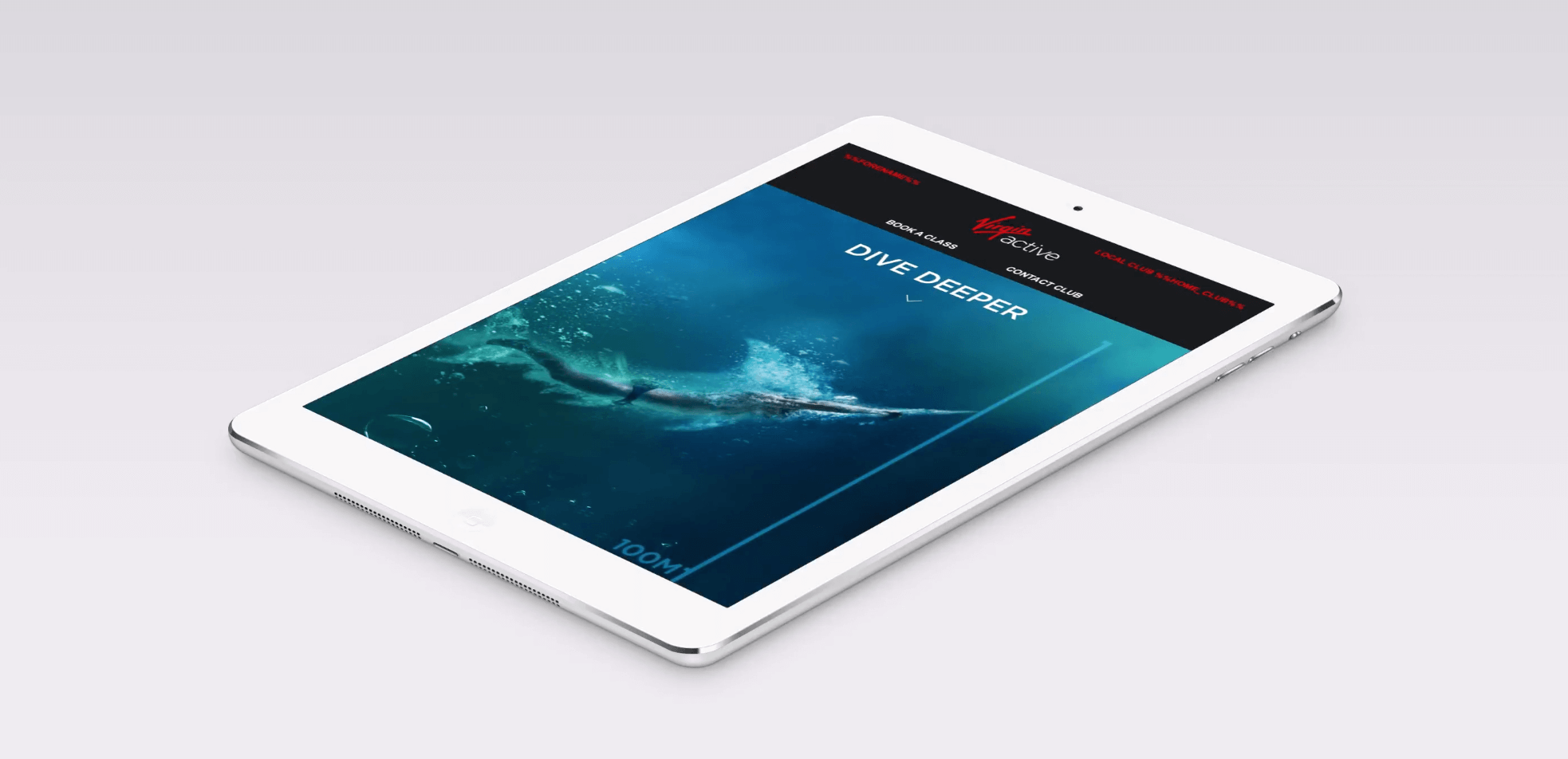 White tablet displaying a website with an underwater image of a swimmer and the text 'DIVE DEEPER' on screen.