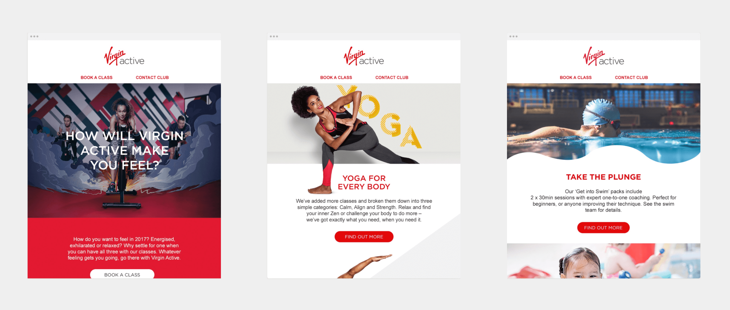 Three Virgin Active web pages: left shows woman cycling indoors with text 'How will Virgin Active make you feel?'; center shows woman in yoga pose with text 'Yoga for Every Body'; right shows swimmer in pool with text 'Take the Plunge' promoting swim coaching.