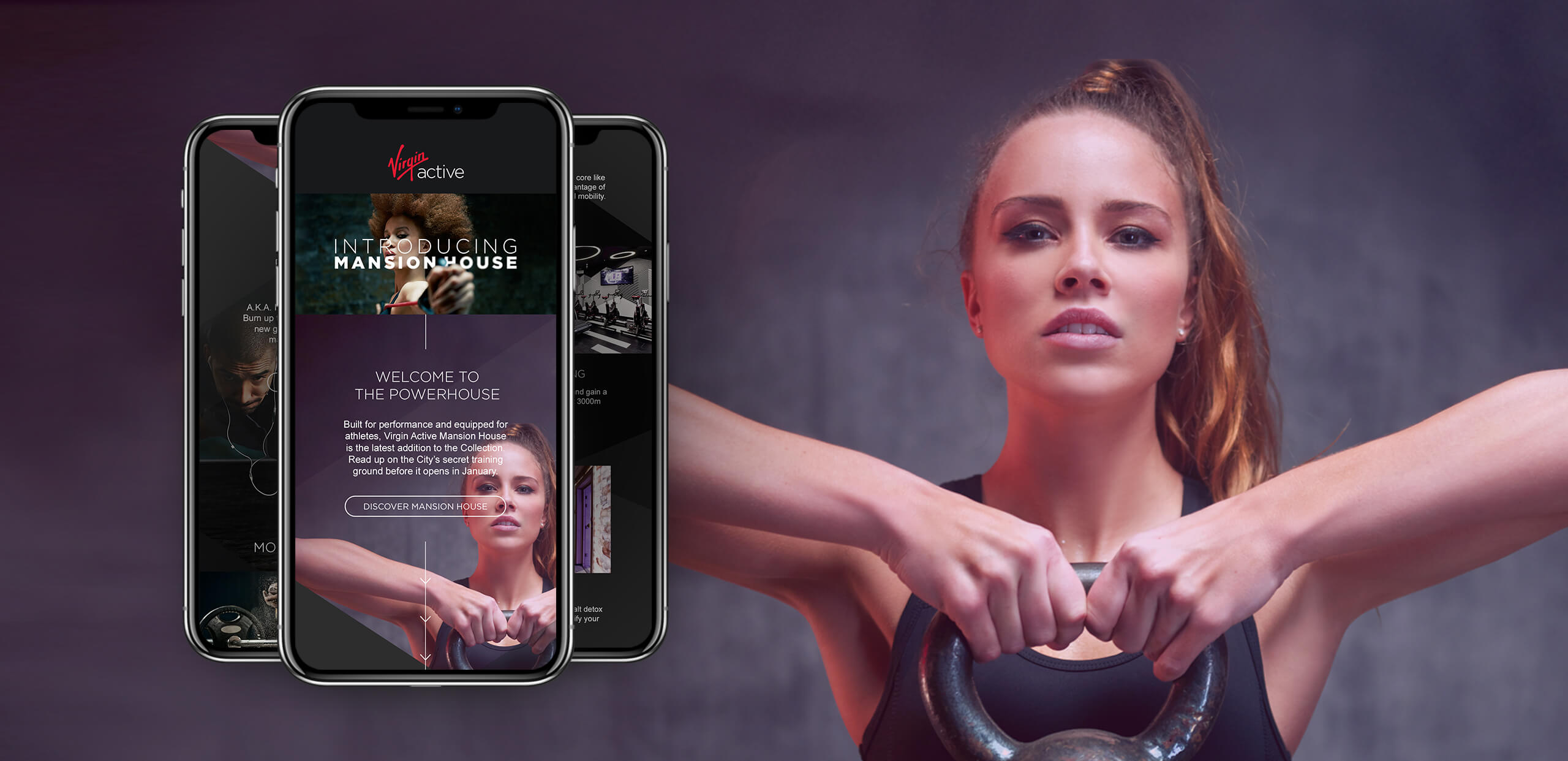 Woman lifting a kettlebell with determination, next to three smartphones displaying Virgin Active Mansion House app screens.