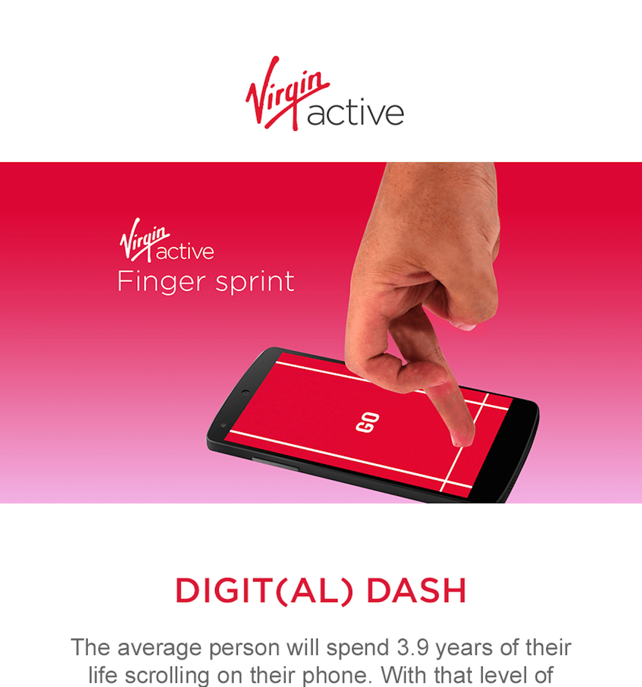 Hand using index finger to tap 'Go' button on a smartphone screen with Virgin Active Finger Sprint app.