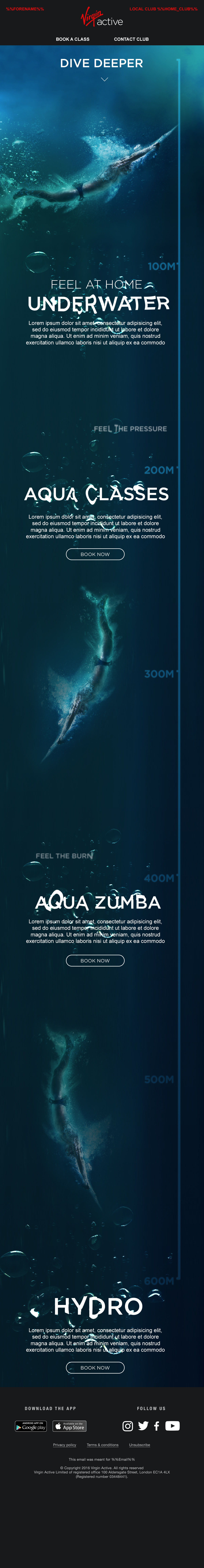 Vertical webpage layout showing a swimmer diving deeper underwater with sections for underwater, aqua classes, aqua zumba, and hydro, each with descriptive text and booking options.