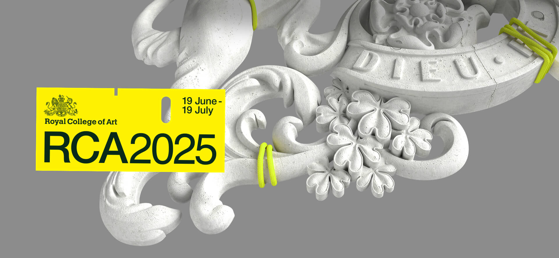 Yellow event badge for Royal College of Art RCA 2025, dated 19 June to 19 July, on a white ornate floral and scrollwork background with lime bands.