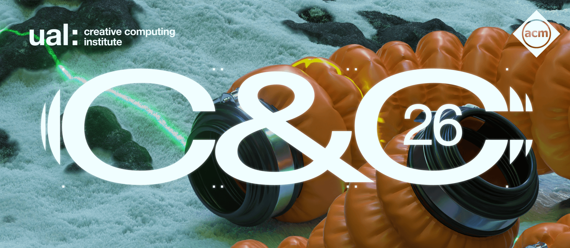 Abstract 3D artwork featuring coiled orange and black ring shapes on a textured surface with the text 'C&C 26' overlayed.