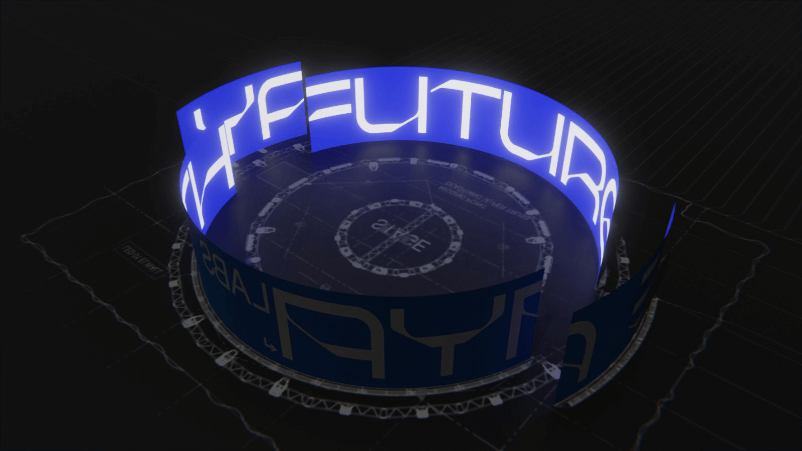 Illuminated circular signage display with the word 'FUTURE' in large white letters on a blue background, set against a dark grid floor.