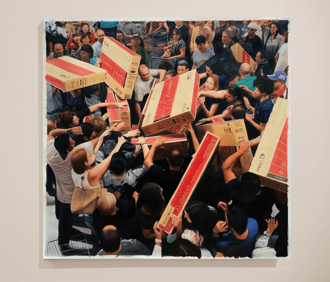 Crowd of people reaching and grabbing large LG Smart TV boxes in a busy store setting.