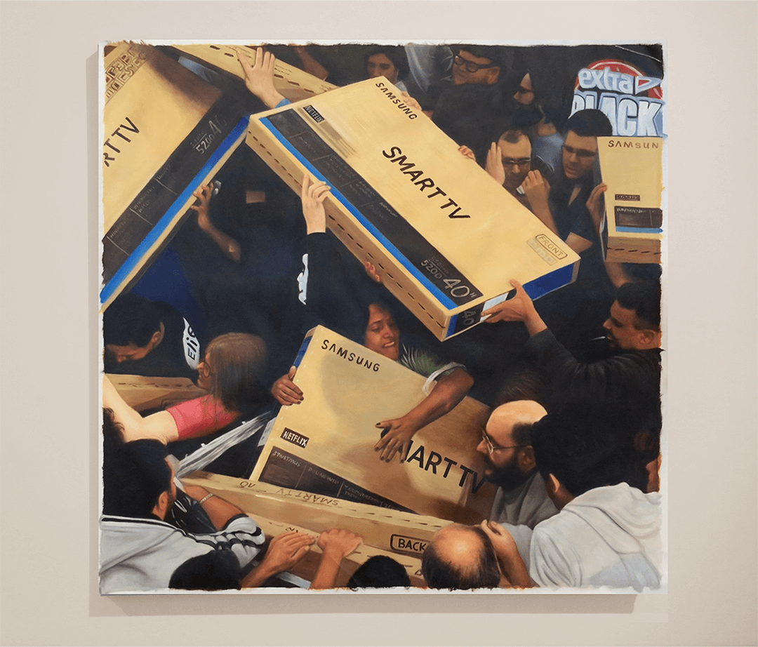 Crowd of people tightly packed together, carrying large Samsung Smart TV boxes during a sale event.