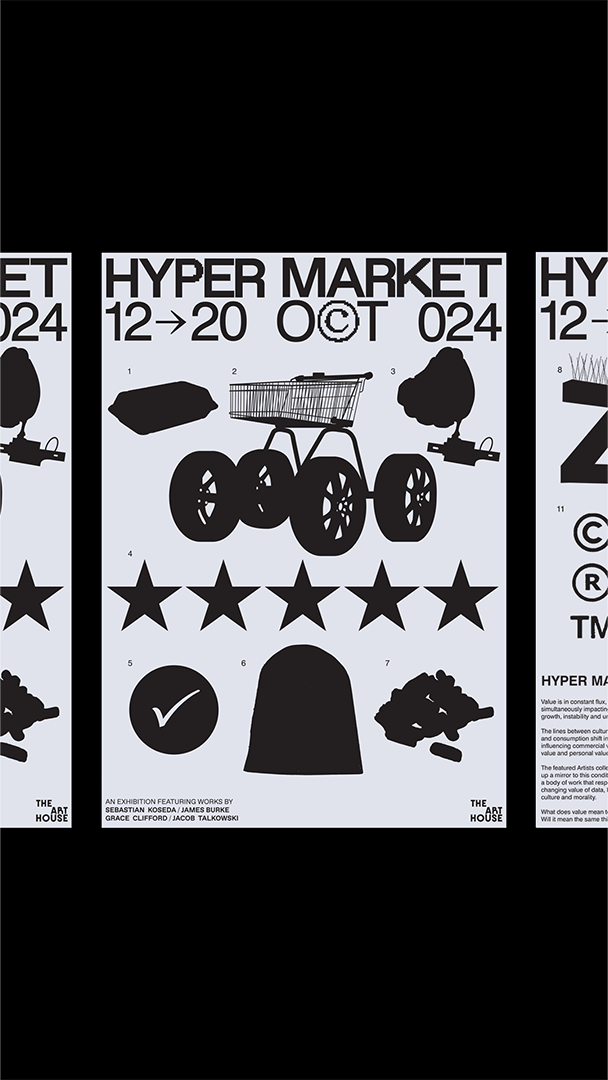 Poster for Hyper Market exhibition from October 12 to 20, 2024, featuring silhouettes of a shopping cart with large wheels, stars rating, and various abstract objects.